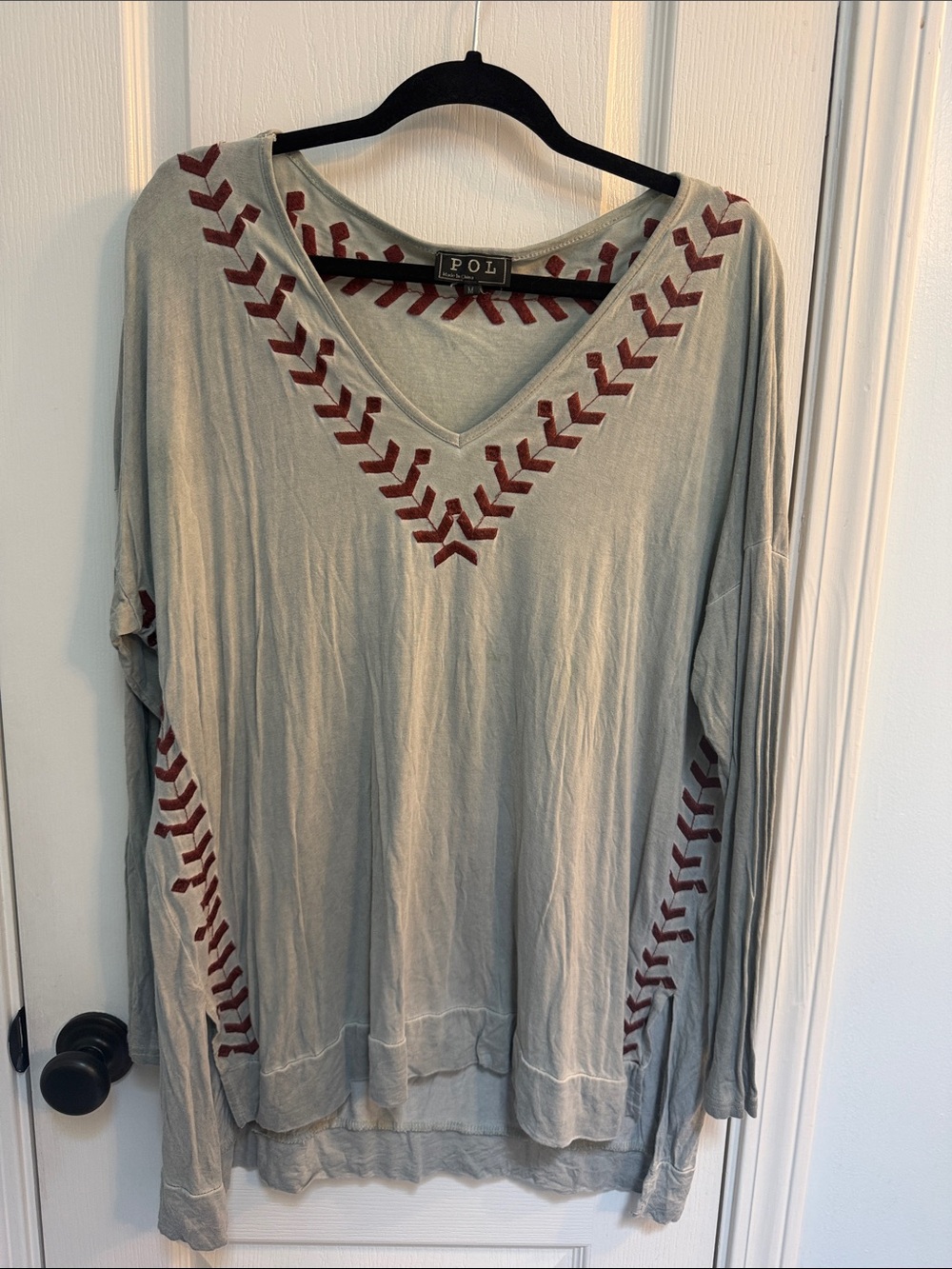 POL V-Neck Long Sleeve Top in Sage with Rust Embroidery